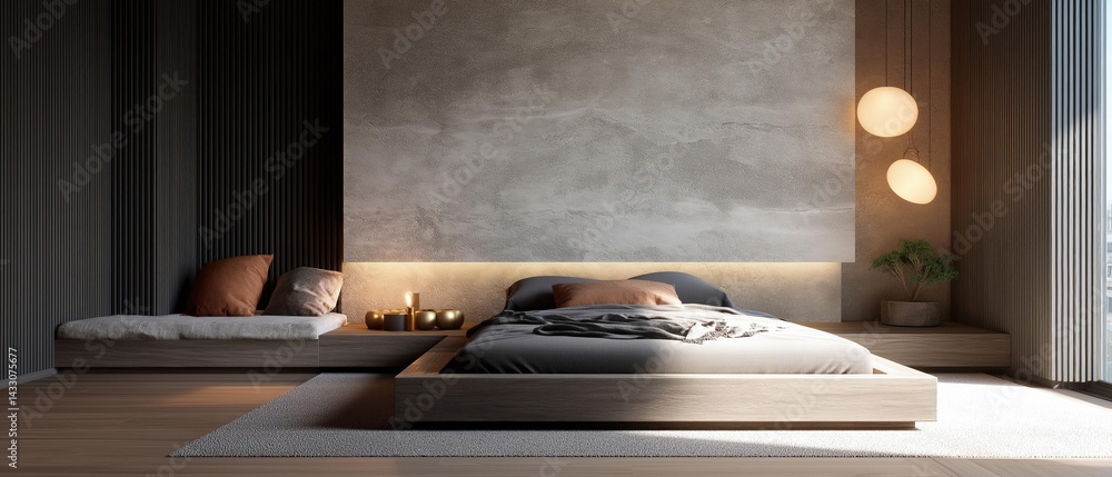 Poster modern and minimalist bedroom with a large window on the right side. the window has sheer curtains t