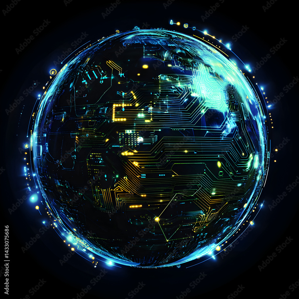 Poster cybernetic earth: a mesmerizing abstract design of a sphere representing a digitally connected plane
