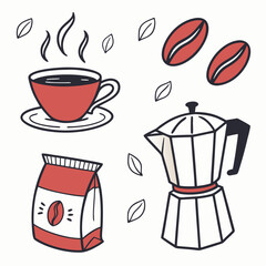 Hand-Drawn Coffee Illustration: Cup, Beans, Moka Pot.