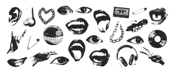 
Trendy halftone monochrome photocopy lips, mouth, eyes, disco ball, headphones, chain effect. Grunge punk dots texture. Vector illustration for vintage music poster or banner.