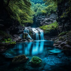 Fototapeta premium Serene Waterfall Cascading Over Rocks into a Turquoise River