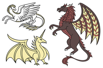 Naklejka premium Fantasy Mythical Creatures Illustration Featuring Dragon, Phoenix, Pegasus, and Unicorn