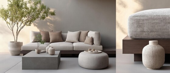 Modern living room with a minimalist design. the room has a light grey color scheme with a large beige sofa in the center.