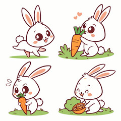 Cute Bunny Rabbits with Carrots - Cartoon Illustration Set.
