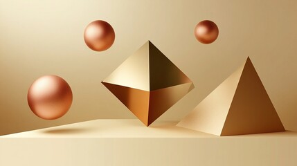 Abstract modern art composition with 3D geometric shapes suspended over a beige background with soft shadows, matte gold and terracotta tones, and a minimalist design with plenty of white space.