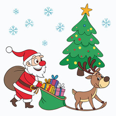 Christmas Santa Reindeer Gifts Cartoon Illustration - Festive Holiday Design.