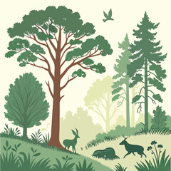 Professional Forest Illustration: Deer, Trees, Green Landscape.