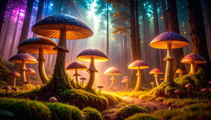 Fototapeta premium whimsical fairy tale forest scene with glowing toadstools and magical mushroom caps creates fantasy world atmosphere. Fireflies add to enchanting ambiance