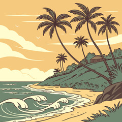 Tropical Sunset Beach: Palm Trees, Ocean Waves.