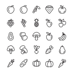 Restaurant Line Icons, Food and Drink Line Editable Icons set. Vector illustration in thin line style of nutrition related icons: vegetables, fruits, desserts, meat, baked goods, drinks, and more. 