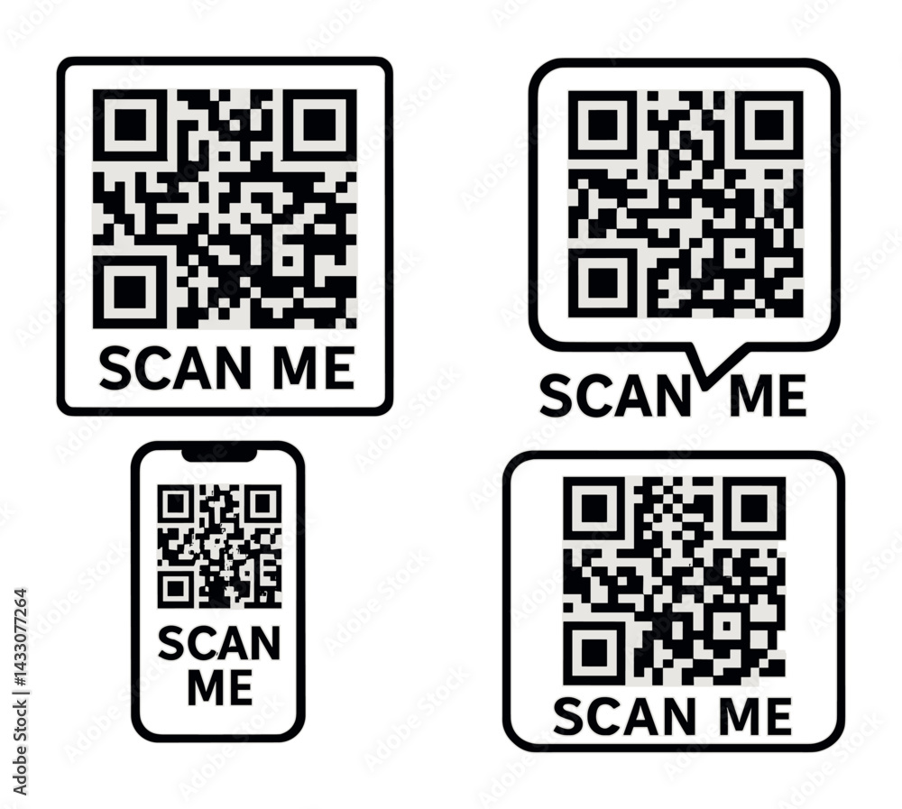 Poster qr code scan icons set – linear style for technology, digital interface, and fast access: smartphone