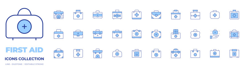 First aid icons collection. Line Duotone style, editable stroke. first aid kit, medical kit, animal aid, aid kit, first aid box, first aid cross