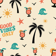 Retro summer pattern featuring palm trees, cocktails, waves, and the phrase "Good Vibes Only" in warm tones on beige. Seamless tropical design for fashion, decor, and print products.