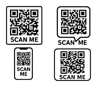 Qr code scan icons set – linear style for technology, digital interface, and fast access: smartphone, speech bubble, square, barcode, scan text