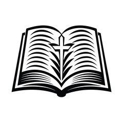 Open Book with Cross Design, Black and White, Isolated, Detailed Symbolism, Religious Icon