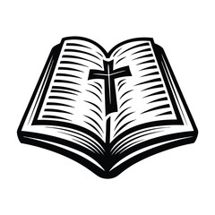 Open Book with a Cross Icon in Black and White Simple Silhouette Style