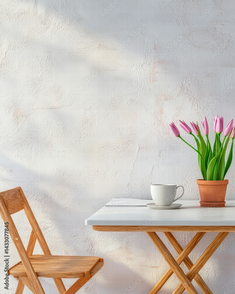 Poster elegant table displaying a beautiful vase filled with colorful flowers creating a bright atmosphere