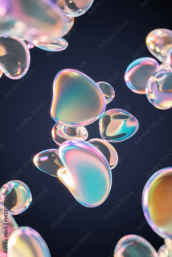 Poster translucent colorful soap bubbles floating against a dark background with a glittering ethereal feel