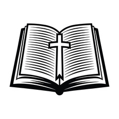 Open Book with Cross. Black and White Detailed Design. Symbol