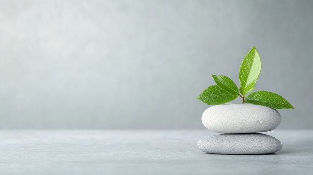 A small green plant sprouting from stacked white pebbles on a smooth surface, minimalist composition with soft focus background, and tranquility concept.
