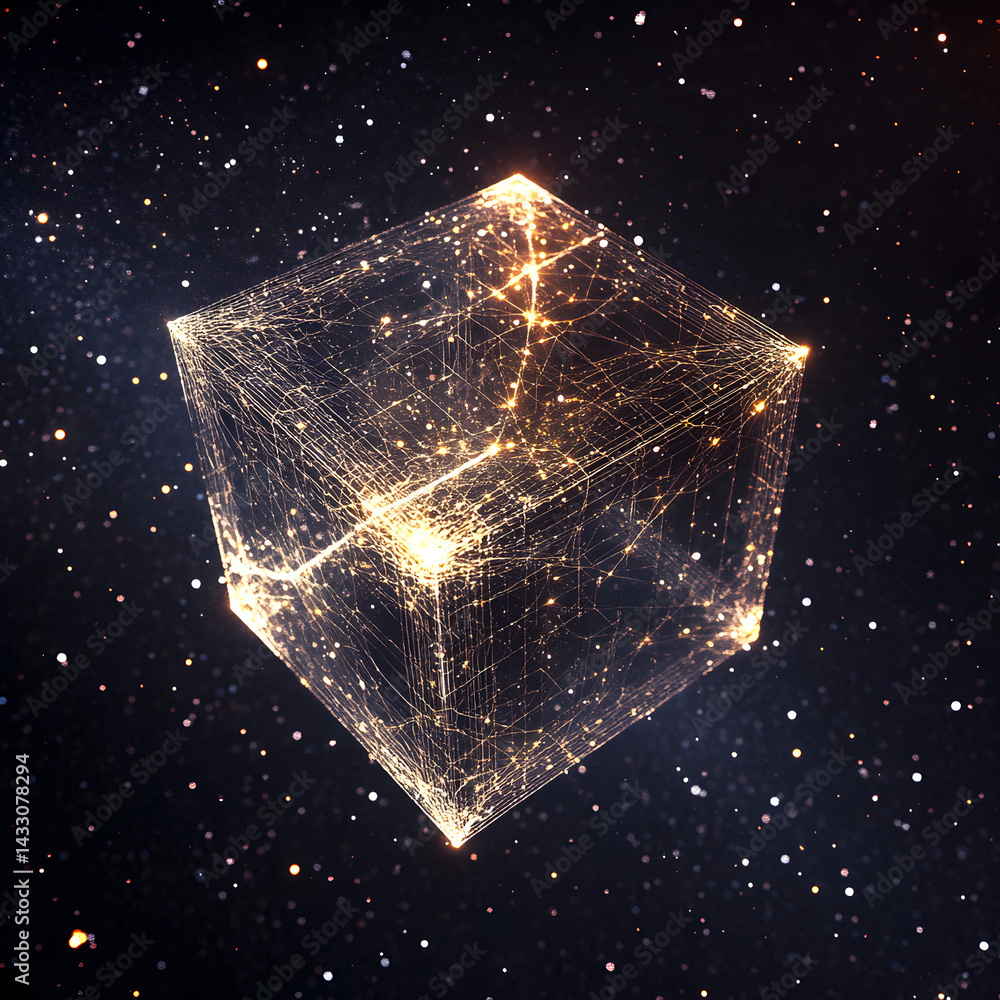 Poster cosmic cube: illuminated lines of light trace a complex network within a transparent cube, set again
