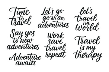 Adventure and travel phrase icons set – isometric style inspirational and wanderlust quotes for explorers: time to travel, let's go adventure, say yes to adventures, travel therapy