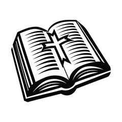 Isolated Open Book with Cross Symbol, Black and White, Simple, Minimalist Style Design