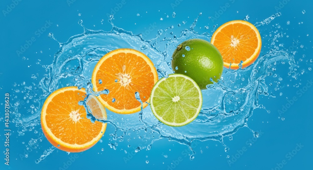 Poster sliced oranges and limes in water splash against a vibrant blue background creating a refreshing sce