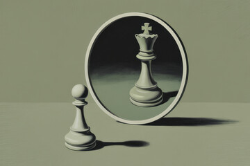 Transformational Chess Concept: Pawn Reflecting Royal Ambitions in Minimalist Style