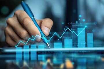 Digital pen drawing blue business growth chart with arrows