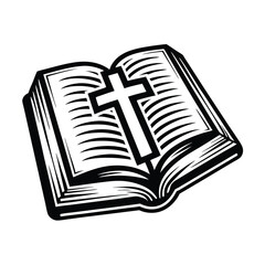 Open Book Silhouette with Cross. Black and White Icon Symbol, Religion Motif