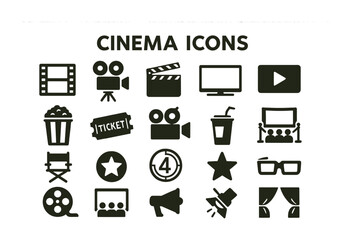 Cinema and entertainment icons set – silhouette style movie, film, and theater symbols for filmmaking projects: film reel, clapperboard, director chair, popcorn, ticket, megaphone, screen.