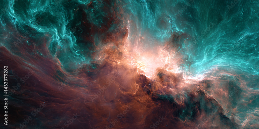 Poster abstract image of swirling teal and copper nebula, creating a cosmic, ethereal atmosphere, symbolizi