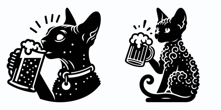 Devon Rex Cat drinking beer. Funny Animal Vector Clip art. Curly feline enjoying ale a comical with beverage.