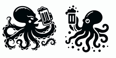 Octopus drinking beer. Funny Animal Vector Clip art. Sea creature consuming ale a cephalopod enjoying liquor beverage brew.