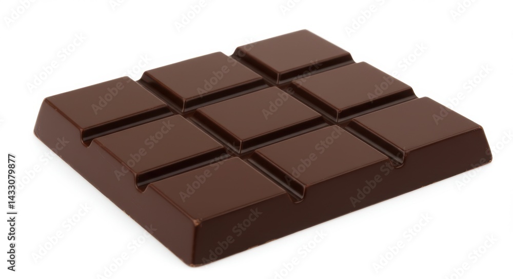 Poster a square chocolate bar with nine sections on a white background in a studio shot close up view