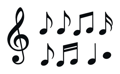 Music notes outline icons set – musical symbols and notation for classical, jazz, and pop: treble clef, quarter note, half note, eighth note, sixteenth note, flat, sharp