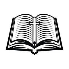 Black and White Open Book with Cross Symbol Religious Minimalist Style