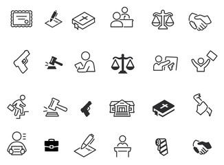 Set of Law and justice line icons vector illustration. Collection icon of legal, arrest, authority, courthouse, gavel, weapon and more.