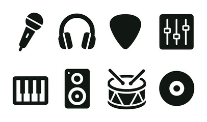 Music and audio solid icons set – filled style sound, performance, and recording symbols for musicians: microphone, headphones, guitar pick, mixer, keyboard, speaker, drum, vinyl.