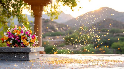 Colorful Flower Arrangement with Golden Dust Particles at Sunrise