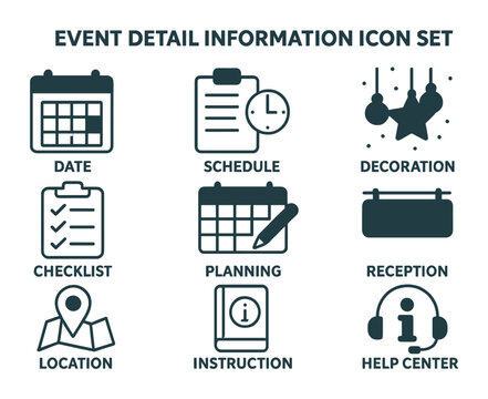 Event management icon set – solid style design for planning, scheduling, venue details: calendar, schedule, decoration, checklist, reception, location, instruction, help center.