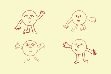 Cute Round Character Doodle Set with Funny Expressions – Hand-Drawn Vector Style