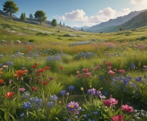 Lush green meadow bursts with colorful wildflowers,  flora,  wildflowers