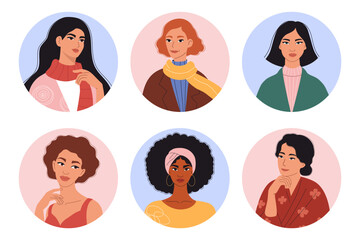 Beautiful Cute Diverse Woman. Female Portrait set. Isolated round avatar with ethnic pretty girls. Vector illustration. Feminine Character for Design, Women's Day, Mother's Day and Birthday Greeting