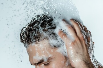 Man washing hair with shampoo on white background