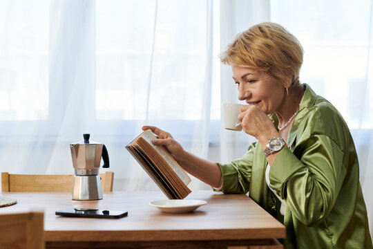Enjoying a quiet morning with a book and coffee in a sunlit kitchen