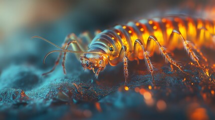 Fototapeta premium A detailed close-up of a centipede crawling on a textured surface, showcasing its long, segmented body and numerous legs