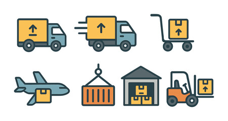 Logistics and delivery icons set – flat style shipping, supply chain, and transport symbols for efficient cargo management: delivery truck, airplane, warehouse, forklift, container