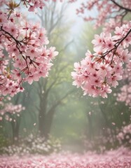 Obraz premium Delicate pink sakura petals softly falling against a blurred spring background , season, beauty